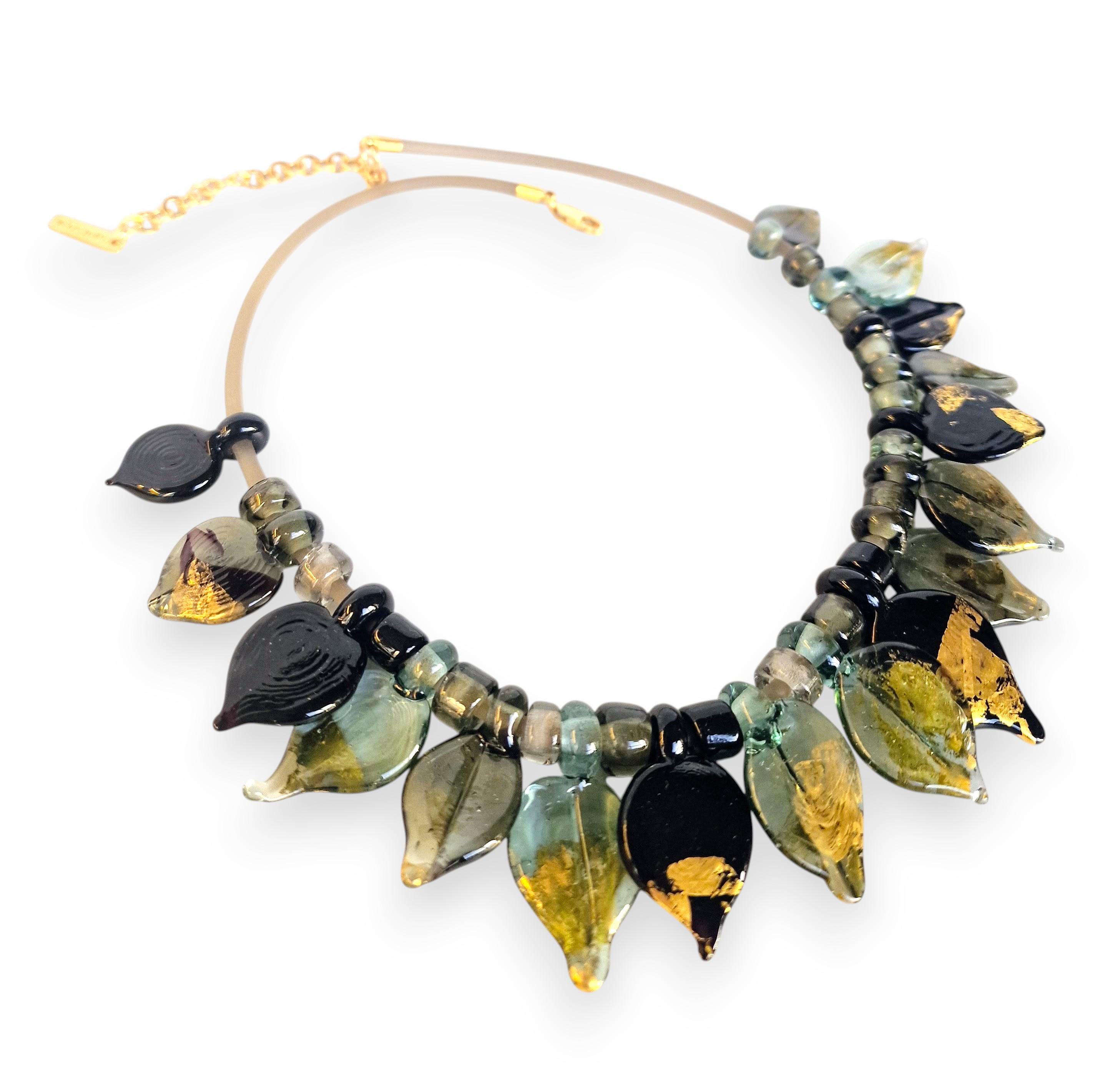 Handmade Glass Leaf Statement Necklace, Autumn Colors, Gold Foil Accents, Artisan Jewelry