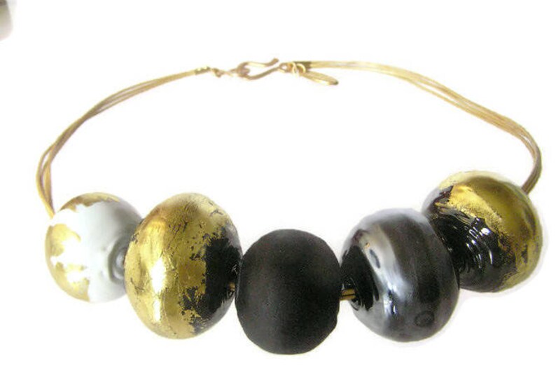 Black Bold statement necklace. Glass beaded necklace. image 2