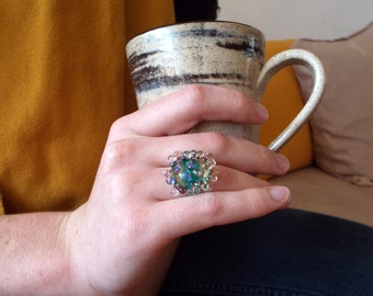 Iridescent Spike Glass Cocktail Statement Ring - Handmade Green Lampwork Jewelry