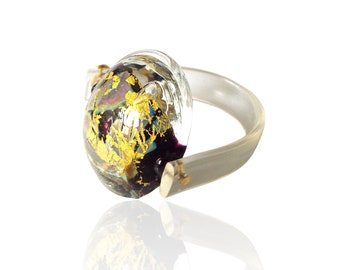 Statement lampwork ring, Gold Encased in Clear Glass ring,  Cocktail beaded ring