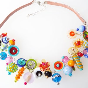 Statement Charm necklace, Colorful Rainbow Bib necklace,  Glass Lampwork Beaded necklace, Funky jewelry