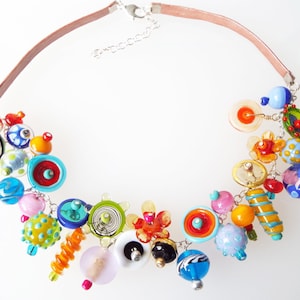 Statement Charm necklace, Colorful Rainbow Bib necklace,  Glass Lampwork Beaded necklace, Funky jewelry