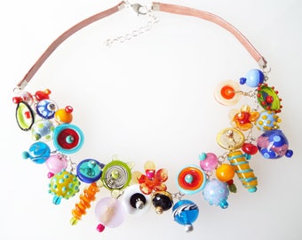 Statement Charm necklace, Colorful Rainbow Bib necklace,  Glass Lampwork Beaded necklace, Funky jewelry