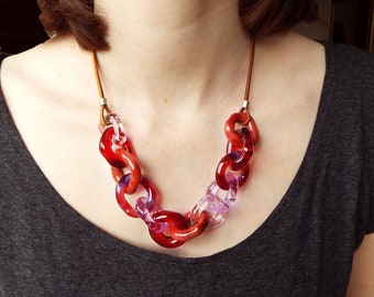Bold red chain necklace, Statement glass links necklace