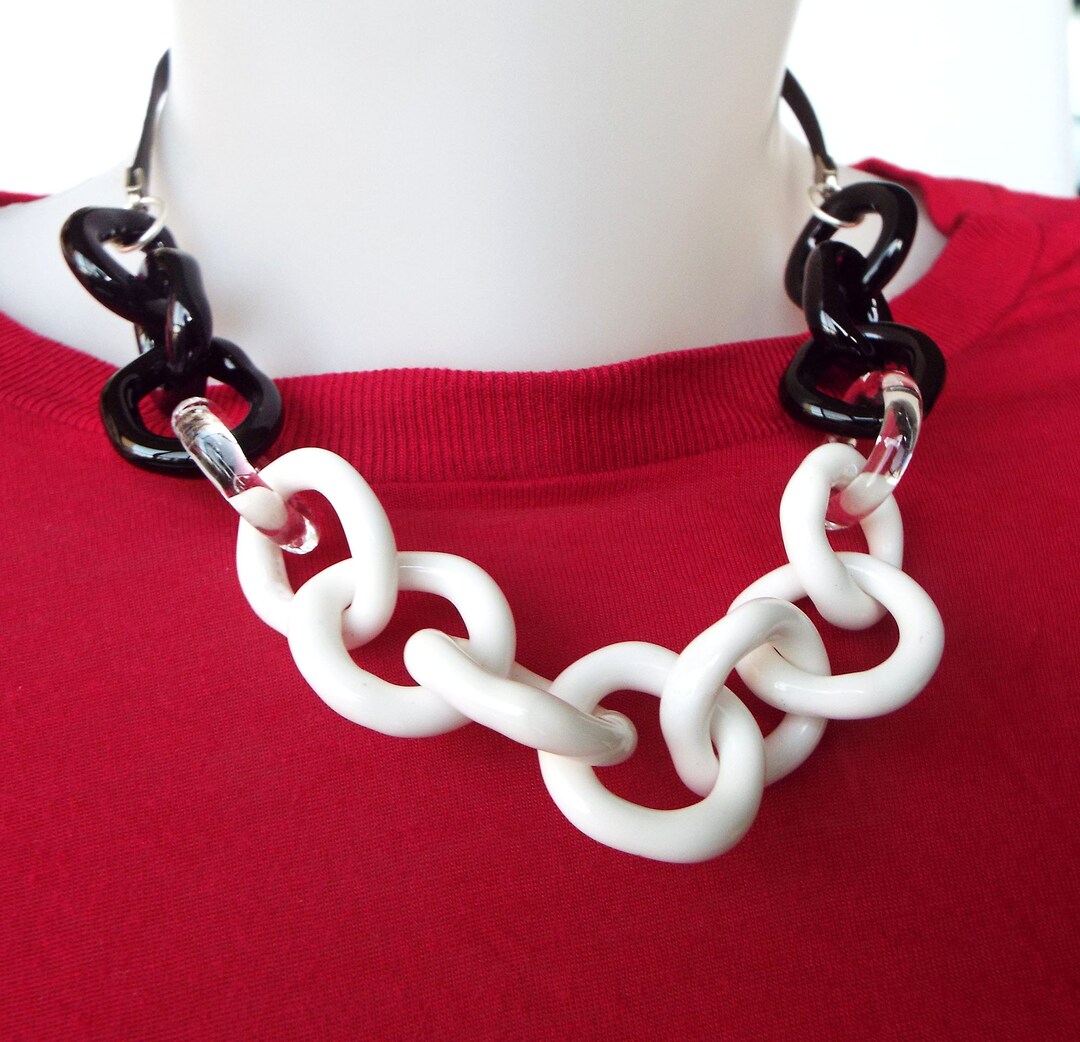 Bold Statement Links Chain Necklace Black and White Glass Etsy