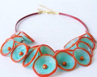 Turquoise glass statement necklace,  Bib Floral  necklace, Lampwork beaded necklace