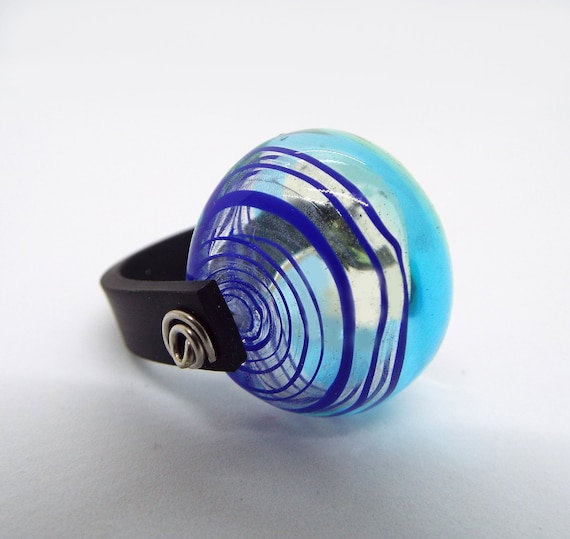 Elegant Turquoise Bubble Glass Statement Ring - Handmade Lampwork Bead with Black Silicone Band