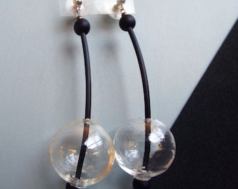 Long geometric clear glass bubbles earrings, statement dangle blown beads earrings