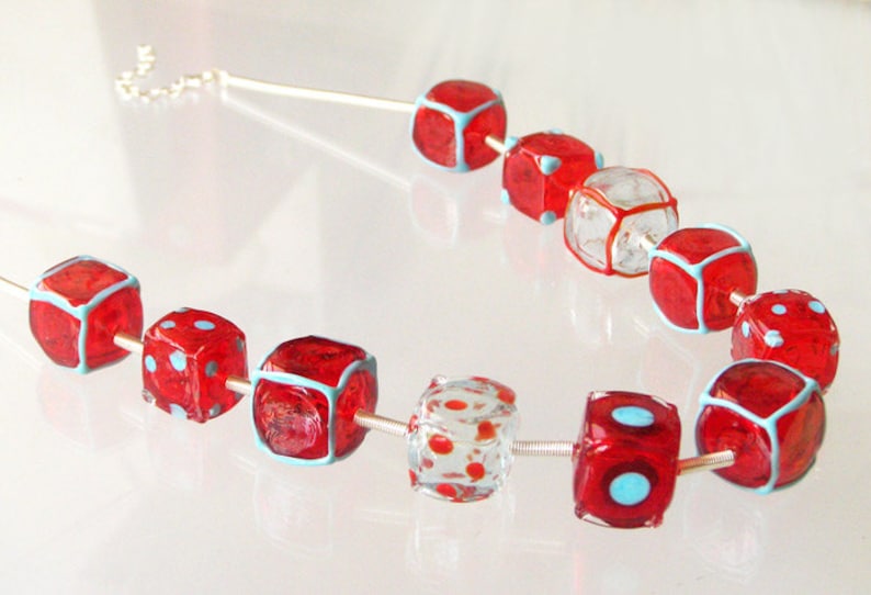 Red Cube Statement Necklace - Handmade Lampwork Glass Beaded Jewelry image 3