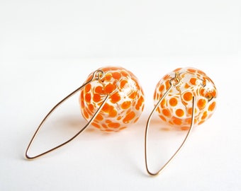 Orange Long Dangle earrings, Glass Lampwork Funky earrings, Polka dot Artsy earrings