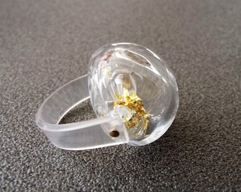 Clear glass bubble bead ring, statement gold ring