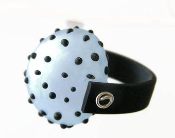 Light Blue Glass Beaded Statement Ring with Silicone Band Handmade Lampwork Glass Jewelry