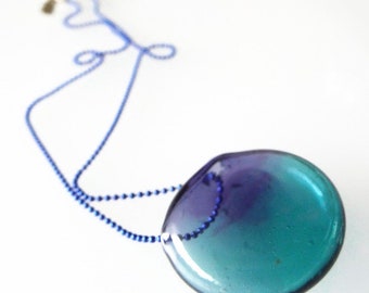 Oval blown glass pendant, Teal lampwork beaded pendant necklace,