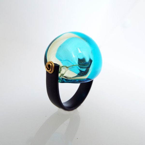 Turquoise Glass Cocktail ring, Chunky bubble ring, Bohemian Unique Oval ring, Birthday gift, Boho jewelry