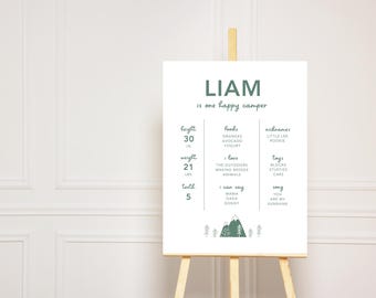 Happy Camper First Birthday Party Stat Board (Editable Digital Template)