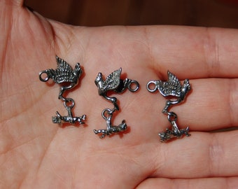 Antique Silver stork and baby charms,baby shower charms, set of 2, made in the U.S. jewelry making supplies, silver charms, beading supplies