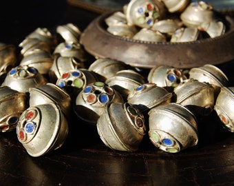 Handmade Moroccan Berber Silver Tri Colored Enamel Beads, Medium Round - Circle of Stones - Jewelry Making Supplies