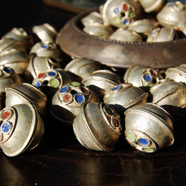 Handmade Moroccan Berber Silver Tri Colored Enamel Beads, Medium Round - Circle of Stones - Jewelry Making Supplies