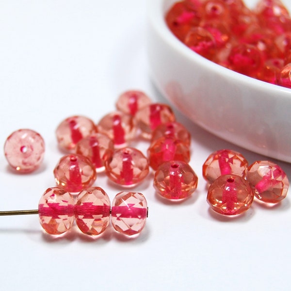 6 x 8 mm Rondelle beads, Hot Pink and Clear and Copper blend , Czech glass Beads, 8 Loose beads, Jewelry making supplies