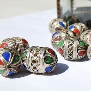 Handmade Moroccan Berber Silver Bead: Tri-Color Enamel Inlay (25x20mm)