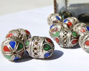 Handmade Moroccan Berber Silver, Tri Colored Enamel, Large statement Beads - loose beads, Circle of Stones - Jewelry Making Supplies