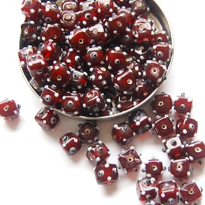 Dark Red Polka Dot Glass Cube Beads: Jewelry Making Supplies (Pack of 10)