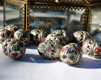 Handmade Moroccan Berber Silver Tri Colored Enamel Large focal Beads - loose beads, Circle of Stones - Jewelry Making Supplies