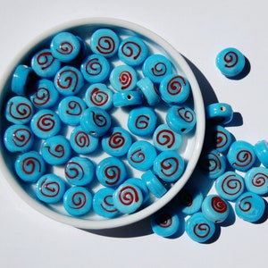 Baby Blue Coin Glass Beads with Red Swirls (Pack of 10)