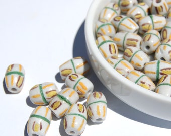 Handmade African recycled glass beads, Green and White beads, 10 loose beads, Ghana beads, Circle of Stones, jewelry making supplies