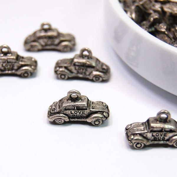 Antique Silver "Love Bug" Beetle car charms, Silver charms, 1 charm, made is the U.S. jewelry making supplies, beading supplies