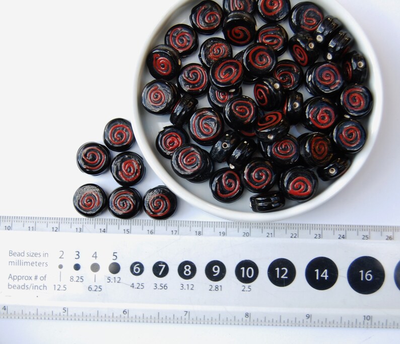 Coin shaped Jewelry making supplies Pack of 10 beads Circle of Stones Bulk loose beads Black glass beads with Red accent swirls