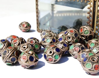 Handmade Moroccan Berber Silver Tri Colored Enamel Beads - Circle of Stones - Jewelry Making Supplies