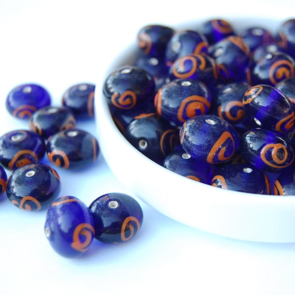 Navy blue and Orange swirl beads, Pumpkin shaped beads, Glass beads, Bulk loose beads, Jewelry making supplies, Circle of Stones