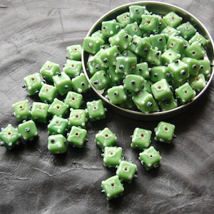 Apple green polka dot beads, Glass beads, Cube shaped, Pack of ten beads, Bulk loose beads, Jewelry making supplies, Circle of Stones