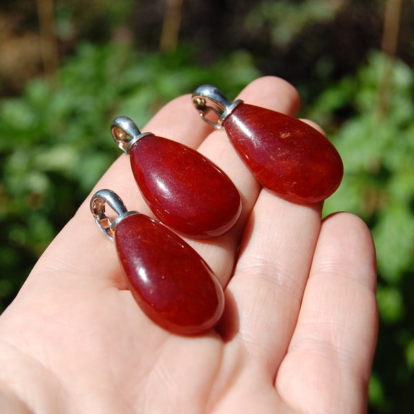 Red Jade pendant with Sterling Silver Bail, 20 x 30 mm pendant, Focal Pendant, Jewelry making supplies