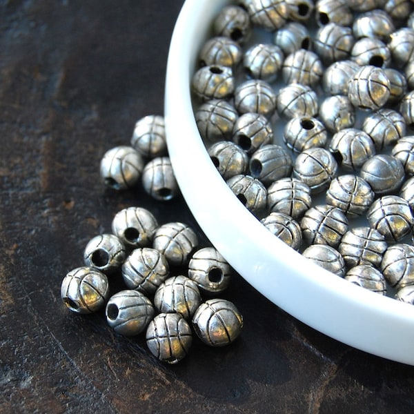 Antique Silver Basketball beads, large hole beads, 1 bead, made in the U.S. jewelry making supplies, silver beads, beading supplies
