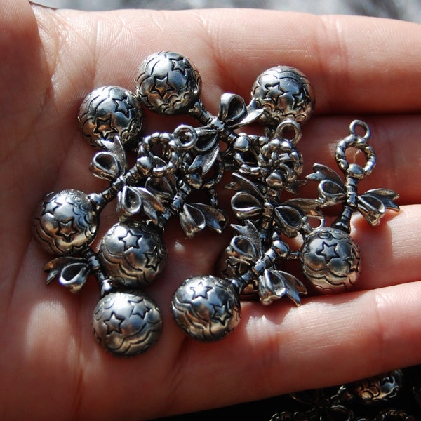 Antique Silver baby rattle charms,decorative Star charms, 1 charm, made in the U.S. jewelry making supplies, silver charms, beading supplies