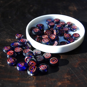 Navy Blue Coin Glass Beads with Red Swirls - Jewelry Making Supplies (10 beads)