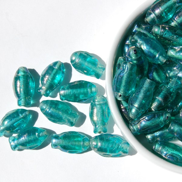 Iridescent Teal glass beads, fish shaped, 10 loose beads, bulk loose beads, jewelry making supplies, Circle of Stones