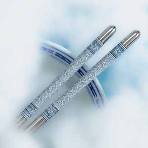 Chinese Blue Patterned Metal Chopsticks - Oriental Design, Unique Asian Dining Utensil, Ideal for Noodle Lovers, Wedding Favors or Gift