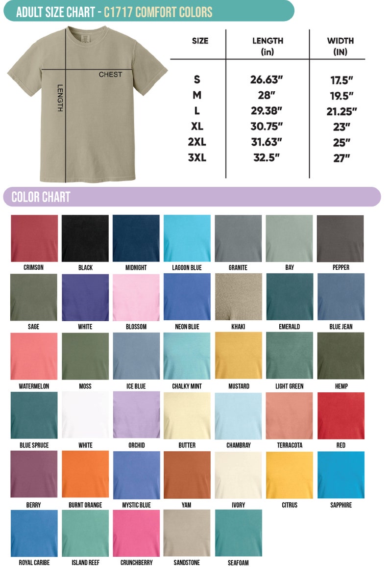 Puede incluir: Tabla de tallas de camisetas para adultos, con medidas en pulgadas para las tallas S a 3XL. La tabla incluye las dimensiones del pecho y la longitud. Una carta de colores muestra varios tonos, incluyendo Crimson, Black y Lagoon Blue.