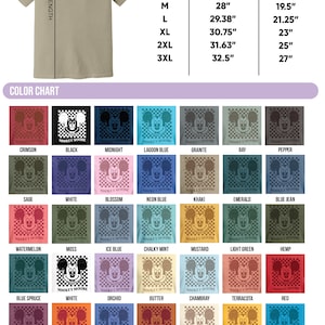 May include: A size chart for adult t-shirts with a color chart featuring 24 different colors. The color chart shows a Mickey Mouse graphic in each color. The size chart shows the length and width of the t-shirts in inches.
