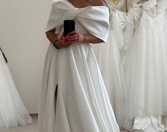 Minimalist Satin Wedding Dress, Off Shoulder Bridal Gown with Slit, Elegant A Line Wedding Dress, Modern Bridal Dress