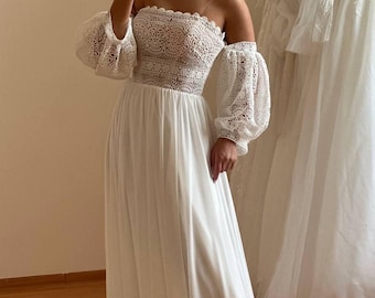 Beach Bridal Dress, Boho Wedding Gown, Off Shoulder Dress for Bride