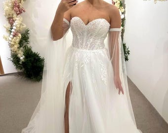 Boho Wedding Dress with Embroidery and Flowing Sleeves | Ivory A-Line Bridal Gown | Romantic Outdoor Wedding Dress