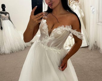 3D Floral Wedding Dress with Draped Corset, A-line Silhouette, Micro Glitter Skirt, Bridal Gown