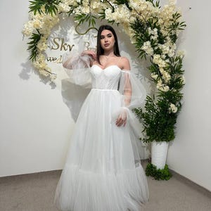 Elegant Translucent Corset Wedding Dress, Unique Flowy Bridal Gown, Custom Fairytale Dress with Drawstring Back, Elegant Wedding Gown