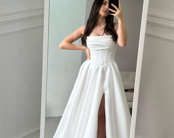 Satin Corset Wedding Dress, Lace-Up Slit Skirt Gown