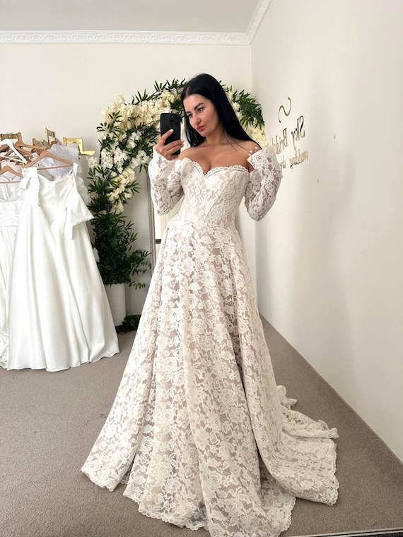 Custom Boho Lace Wedding Dress, V-neck, Long Sleeves, A-line Train