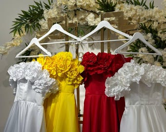 Floral Open Shoulder Silk Gown, Voluminous Maxi Dress